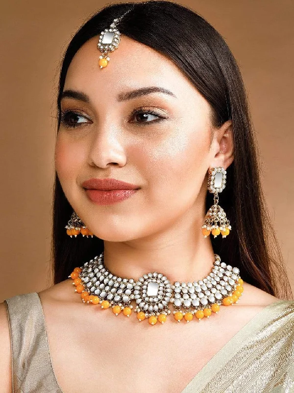 Premium Diamond Jewelry At Once-In-A-Lifetime Discounts Rubans Gold Plated Mirror Studded Yellow Beads Necklace Set.