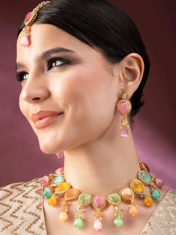 Luxury Jewelry At Unbeatable Discounts Rubans Gold Plated Necklace Set With Multicoloured Stones And Beads.