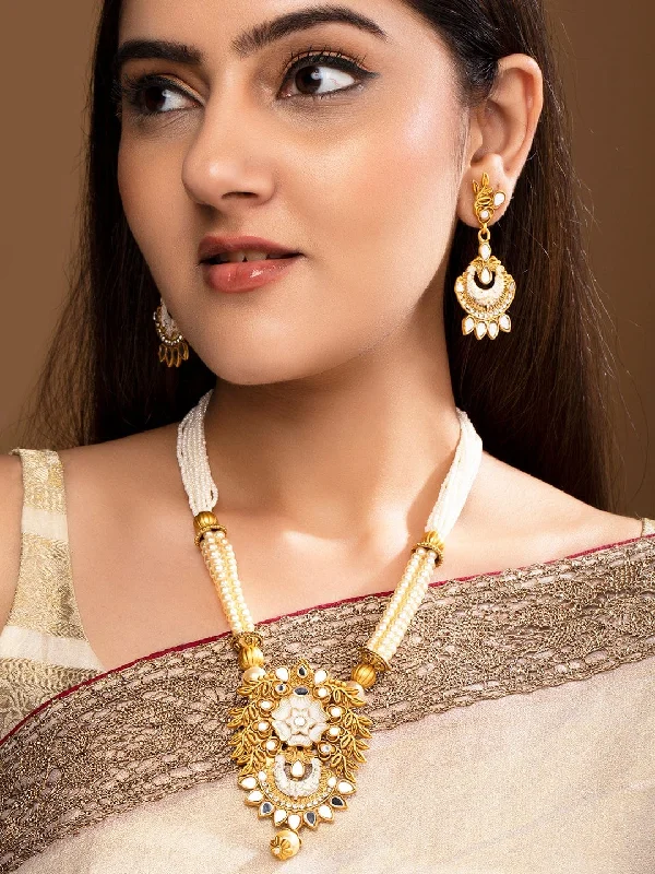 Best Jewelry Deals – Premium Quality At Exclusive Discounts Rubans Gold Plated Pearl Beaded Mirror Studded Necklace Set.