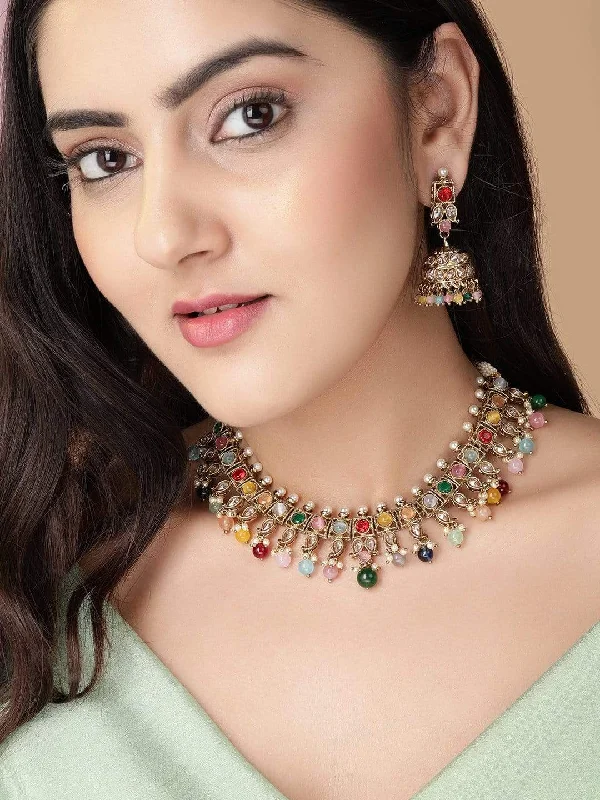 Chic, Trendy, And Affordable Jewelry Sale Rubans Gold Plated Multicolor Stone Studded with Beads Necklace Set