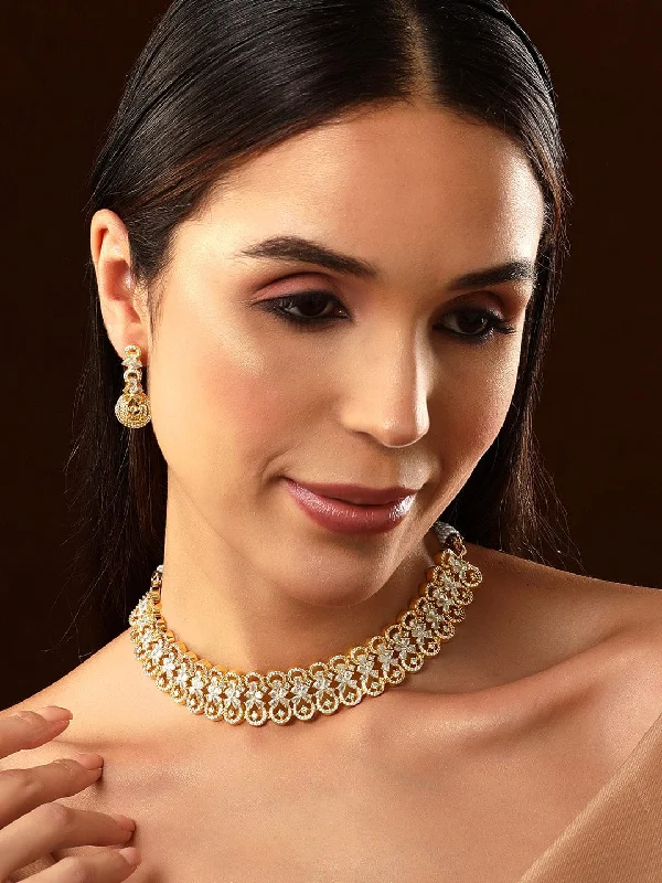 Accessorize For Less – Luxury Jewelry At Affordable Prices Rubans Gold Plated White Stone Studded American Diamond Necklace Set.