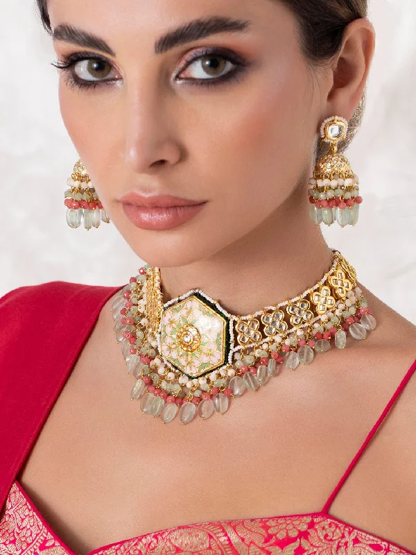 Upgrade Your Collection With Our Limited-Time Jewelry Sale Rubans Luxury 24K Gold Plated Handcrafted Enamel & Pachi Kundan with Green Beads Choker Set