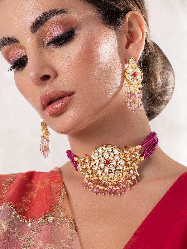 Unique Jewelry Designs Now At Discounted Rates Rubans Luxury 24K Gold Plated Handcrafted Kundan Stone & Maroon Beads Choker Set