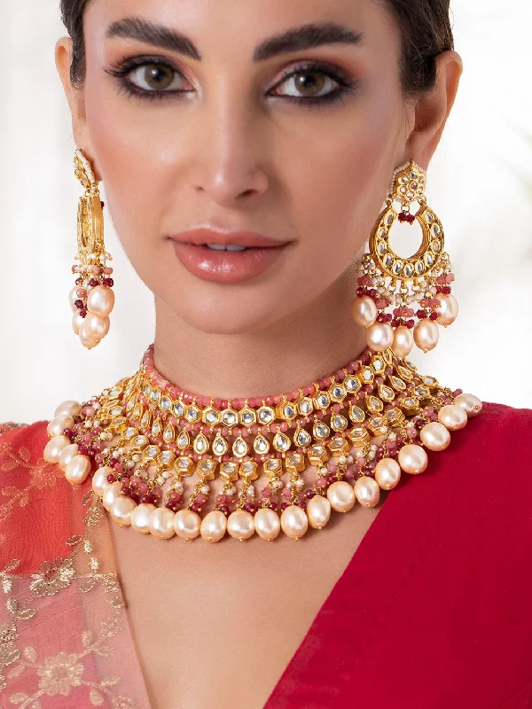 Trendy And Classic Jewelry Now At Reduced Prices Rubans Luxury 24K Gold Plated Handcrafted Pachi Kundan and Ruby Pink Beads Necklace Set