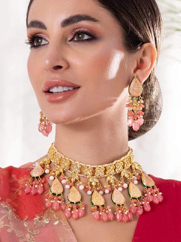 Unmissable Jewelry Discounts – Elevate Your Look For Less Rubans Luxury 24K Gold Plated Handcrafted Pink Enamel & Pachi Kundan with Pearls Necklace Set