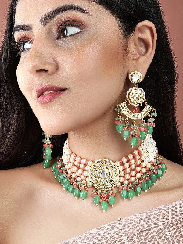 Handcrafted Beauty At Affordable Prices Rubans Luxury Gold Plated Green & Red Beaded Kundan Necklace Set