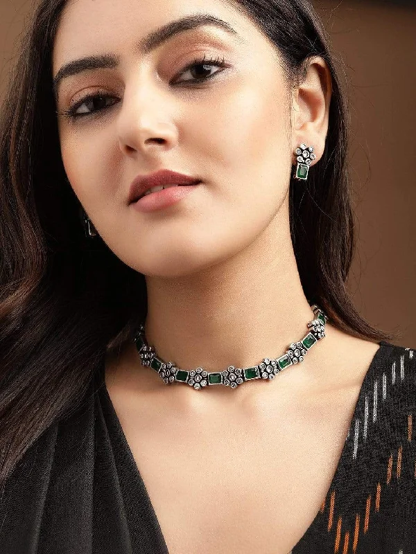 Luxury Jewelry Without The Luxury Price Tag Rubans Oxidised Silver Plated Handcrafted Green Stone Floral Necklace Set