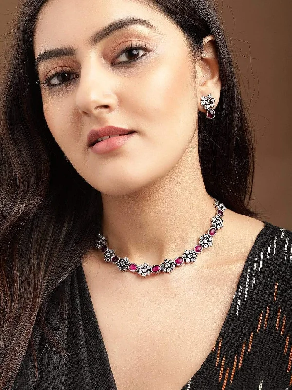 Limited-Stock Jewelry Sale – Shop Before It's Gone Rubans Oxidised Silver Plated Handcrafted Ruby Stone Necklace Set