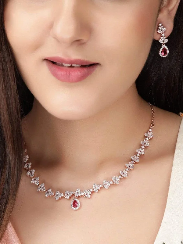 Bestselling Jewelry Now On Sale – Elevate Your Look Rubans Rose Gold Plated Necklace Set in CZ and Pink Stones