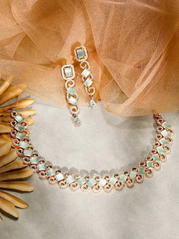 Beautiful Jewelry, Breathtaking Discounts – Hurry In Rubans Rose Gold Plated Pastel Green Studded American Diamond Necklace Set.