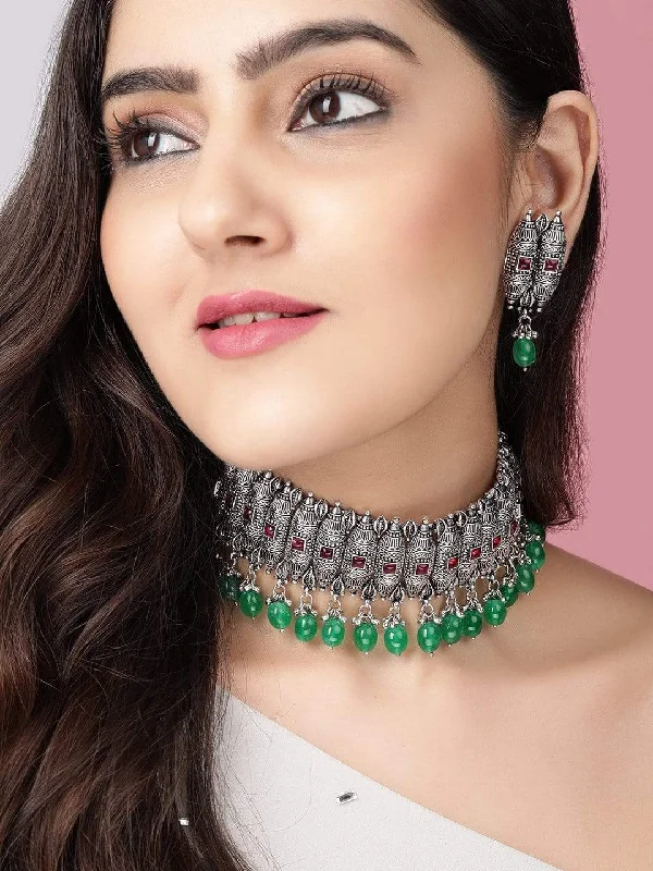 Luxury Meets Affordability – Jewelry Sale Now Live Rubans Silver Plated Handcrafted Green Beads Choker Set