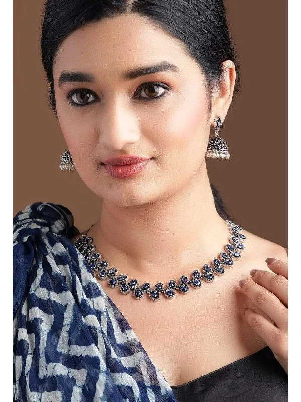 Clearance Sale On High-End Jewelry Collections Rubans Silver Plated Handcrafted Oxidised Blue Stone Necklace Set