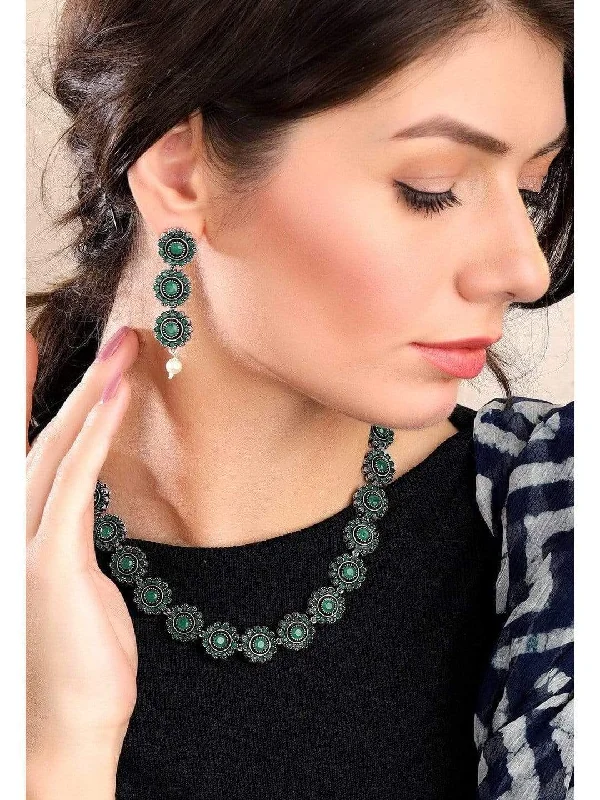 Exclusive Jewelry Sale – Limited-Time Discounts Rubans Silver Plated Handcrafted Oxidised Green Stone Necklace Set