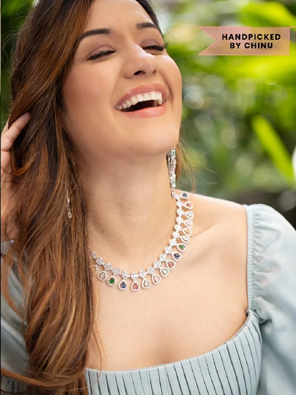 Upgrade Your Collection With Our Limited-Time Jewelry Sale Rubans Silver Plated Multicoloured Stone Studded American Diamond Necklace Set.