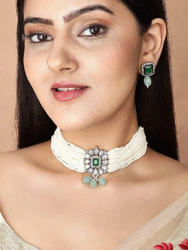 Eco-Friendly Sustainable Jewelry For Conscious Buyers Rubans Studded Green and White Beads Choker Set.