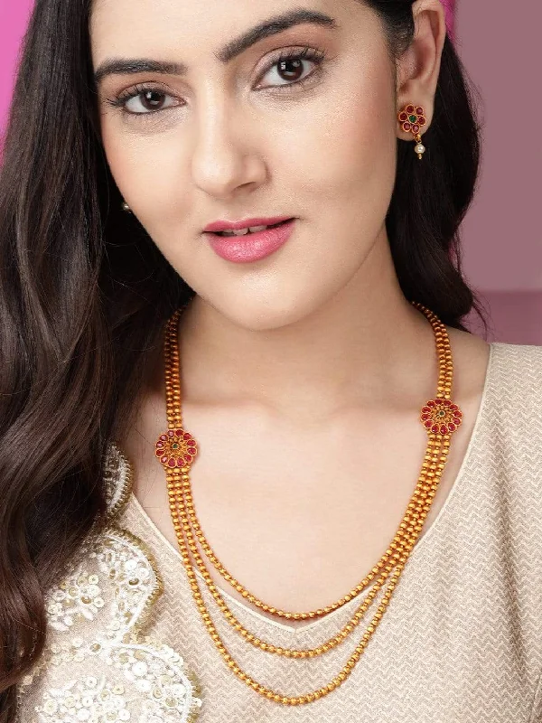 Luxury Jewelry Now At Special Promotional Rates Rubans Traditional Gold Plated Layered Necklace Set With Ruby Stoned Earrings