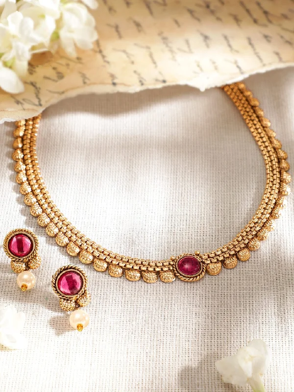 Trending Jewelry Now Available At Exclusive Prices Rubans Traditional Gold Plated Pink Stone Studded Necklace Set