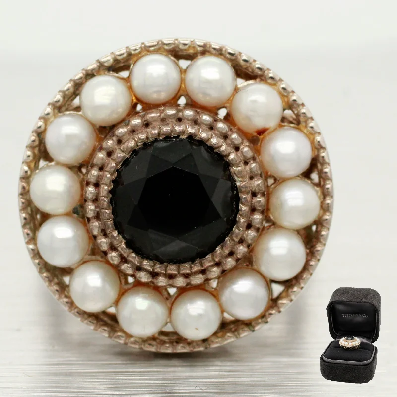 Must-Have Jewelry At Irresistible Discounts Tiffany & Co. Onyx & Pearl Halo Cocktail Ring - Ziegfield 925 Sterling Siver