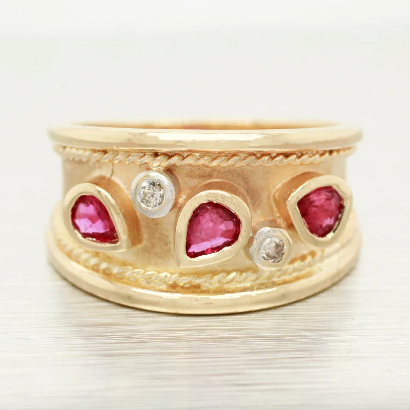 Get Your Favorite Jewelry At The Best Price Vintage 0.40ctw Pear Cut Ruby & Diamond Band Ring - 14k Yellow Gold w/ Milgrain