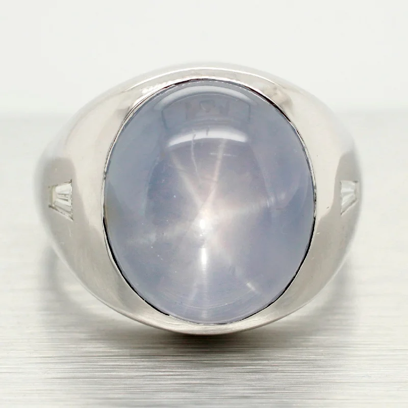 Elegant Jewelry, Affordable Luxury – Shop Now Vintage 18ct Star Sapphire Signet Ring w/ .50ctw Diamond Accent 14k White Gold