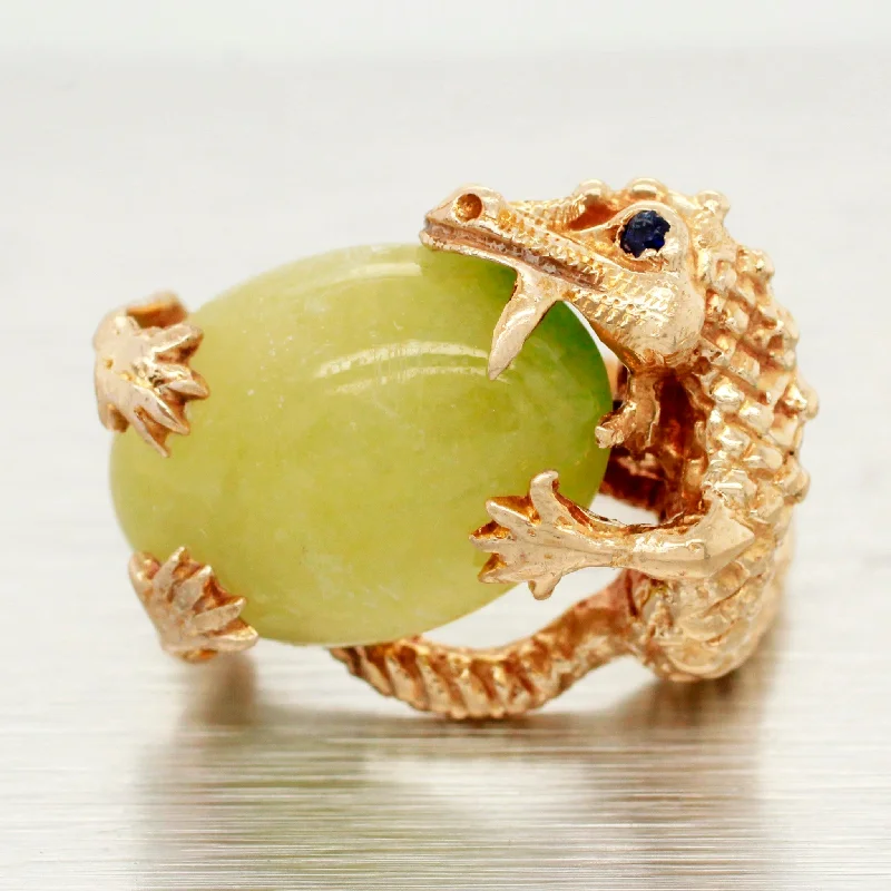 Limited-Stock Jewelry Clearance – Grab Your Favorites Now Vintage Nephrite Jade Dragon & Egg Ring - 14k Yellow Gold w/ Sapphire Eye