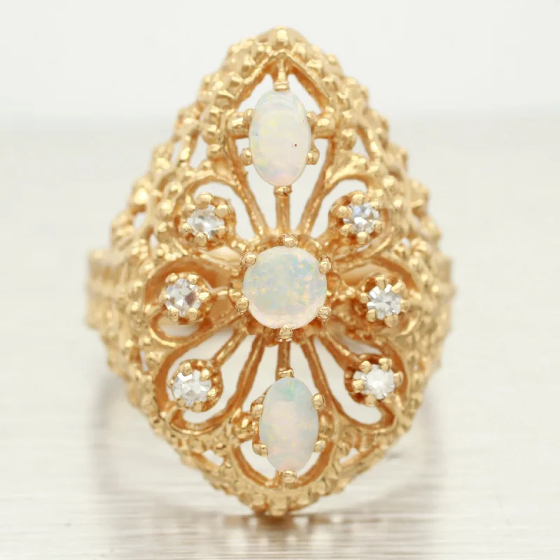 Grab Your Favorite Jewelry At The Lowest Prices Vintage Opal & Diamond Cocktail Ring - 14k Yellow Gold Teardrop Filigree Setting